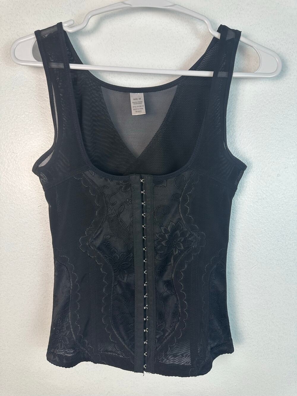 Women's black vintage corset top Firm Mesh Shaper floral details Medium sheer